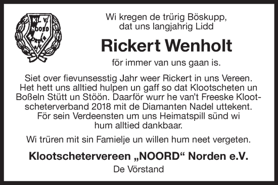 Traueranzeige von Rickert Wenholt 