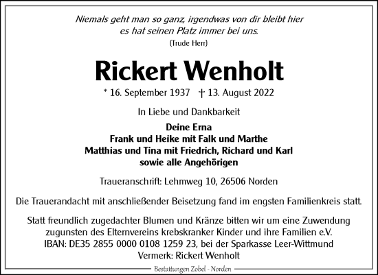 Traueranzeige von Rickert Wenholt 