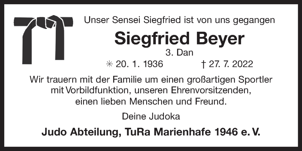  Traueranzeige für Siegfried Beyer vom 02.08.2022 aus 