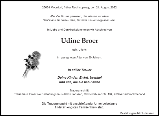 Traueranzeige von Udine Broer 
