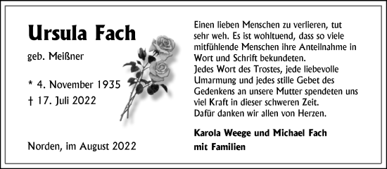 Traueranzeige von Ursula Fach 