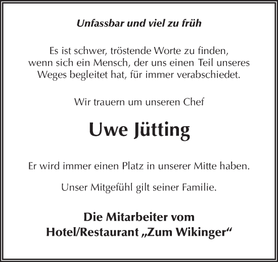 Traueranzeige von Uwe Jütting 
