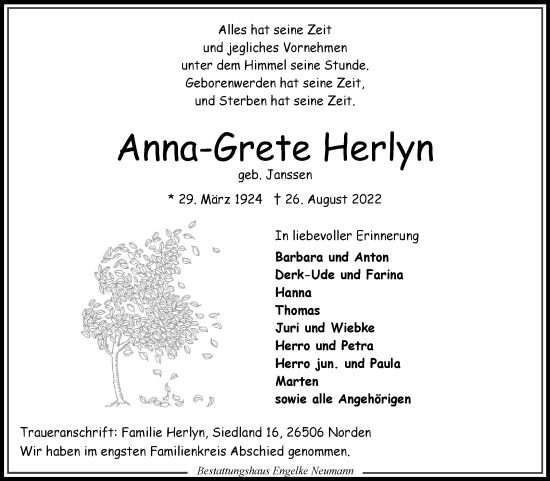 Traueranzeige von Anna-Grete Herlyn 