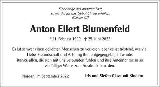 Traueranzeige von Anton Eilert Blumenfeld 