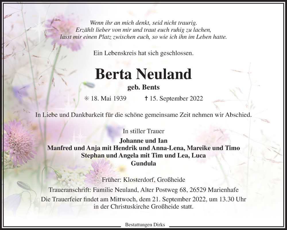  Traueranzeige für Berta Neuland vom 17.09.2022 aus 
