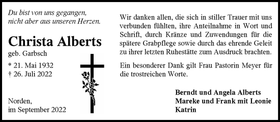 Traueranzeige von Christa Alberts 