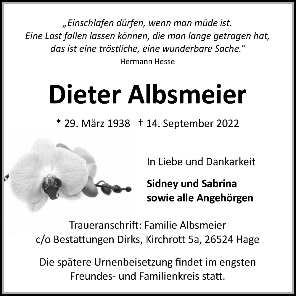  Traueranzeige für Dieter Albsmeier vom 17.09.2022 aus 