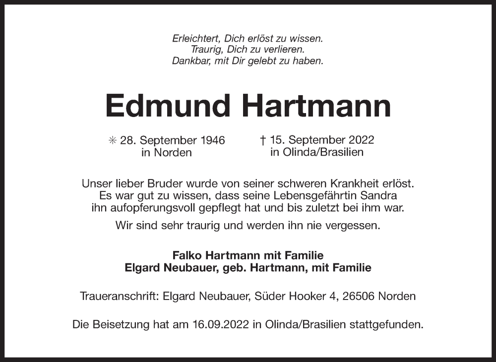  Traueranzeige für Edmund Hartmann vom 17.09.2022 aus 
