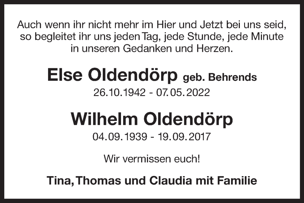  Traueranzeige für Else und Wilhelm Oldendörp vom 17.09.2022 aus 