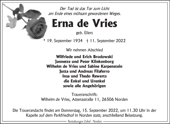 Traueranzeige von Erna de Vries 