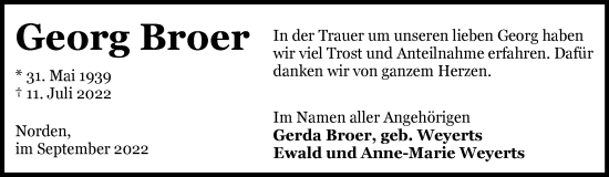 Traueranzeige von Georg Broer 