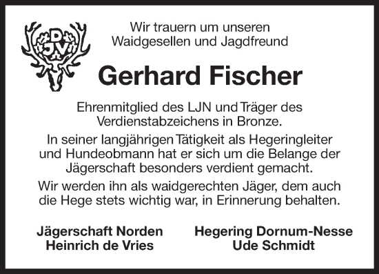 Traueranzeige von Gerhard Fischer 