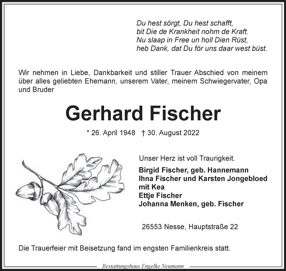  Traueranzeige für Gerhard Fischer vom 03.09.2022 aus 