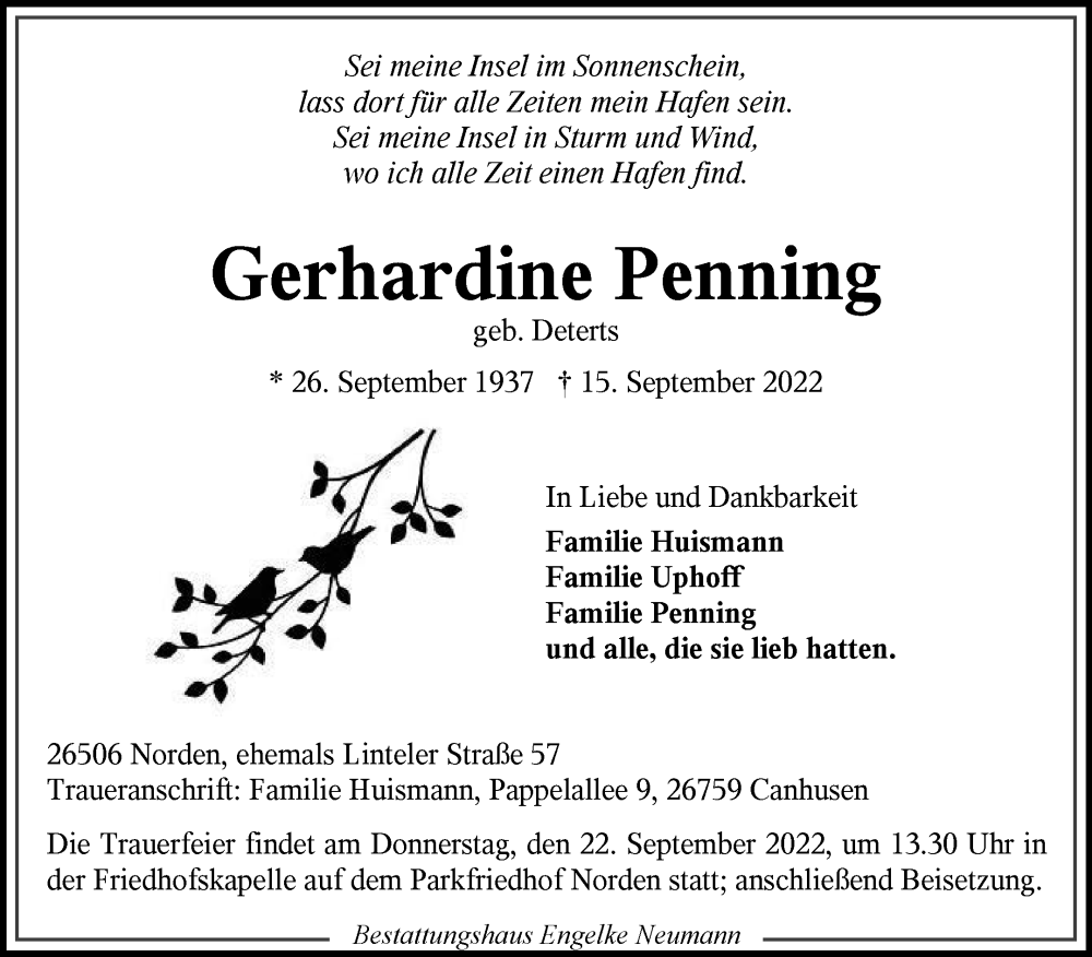  Traueranzeige für Gerhardine Penning vom 17.09.2022 aus 