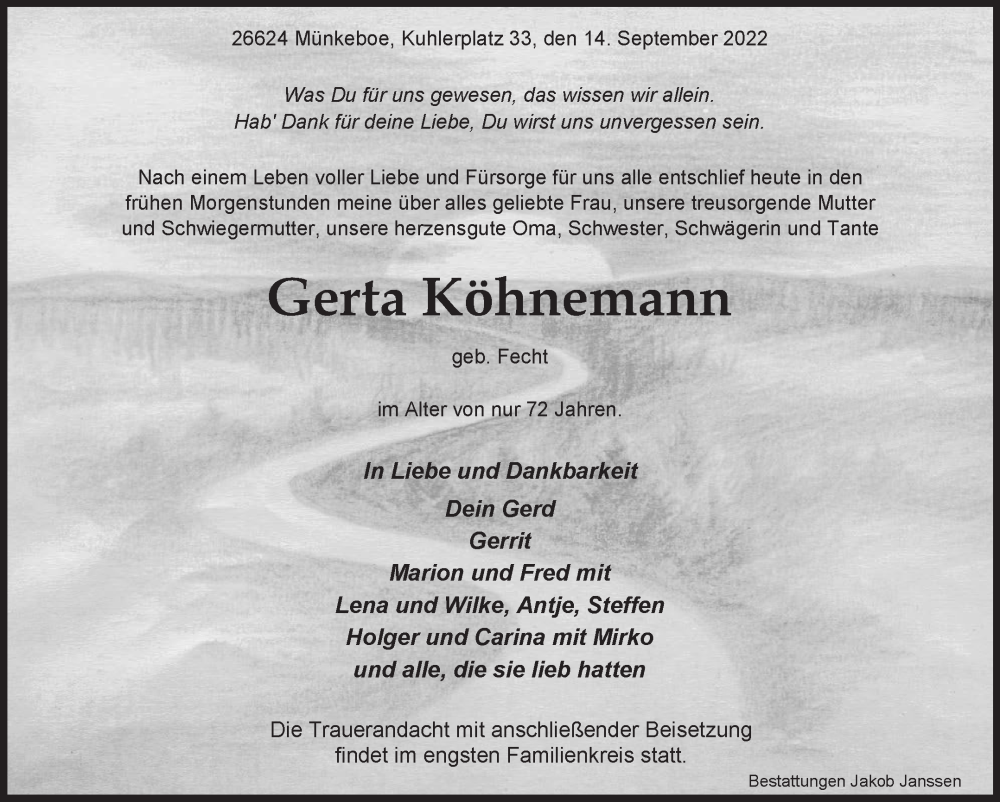 Traueranzeige für Gerta Köhnemann vom 15.09.2022 aus 