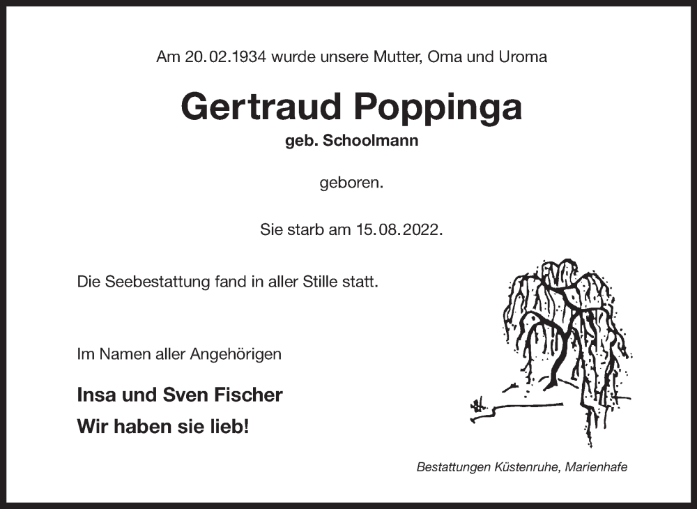  Traueranzeige für Gertraud Poppinga vom 03.09.2022 aus 