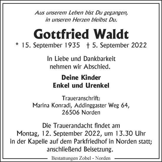Traueranzeige von Gottfried Waldt 