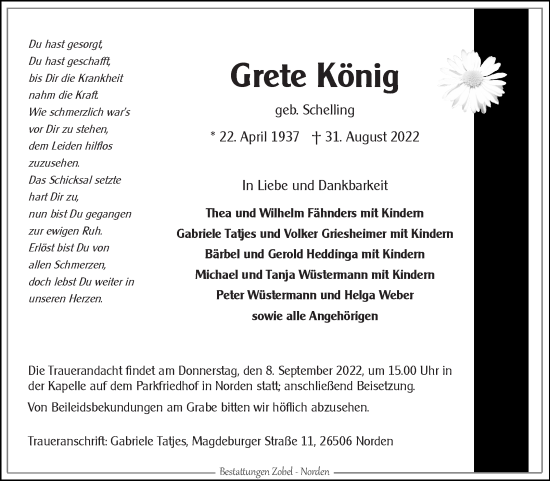 Traueranzeige von Grete König 