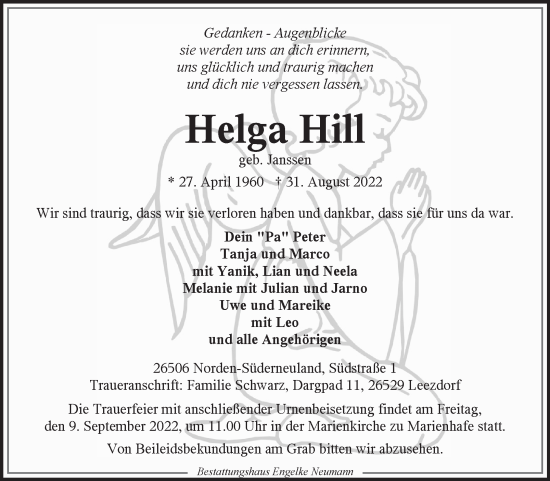 Traueranzeige von Helga Hill 