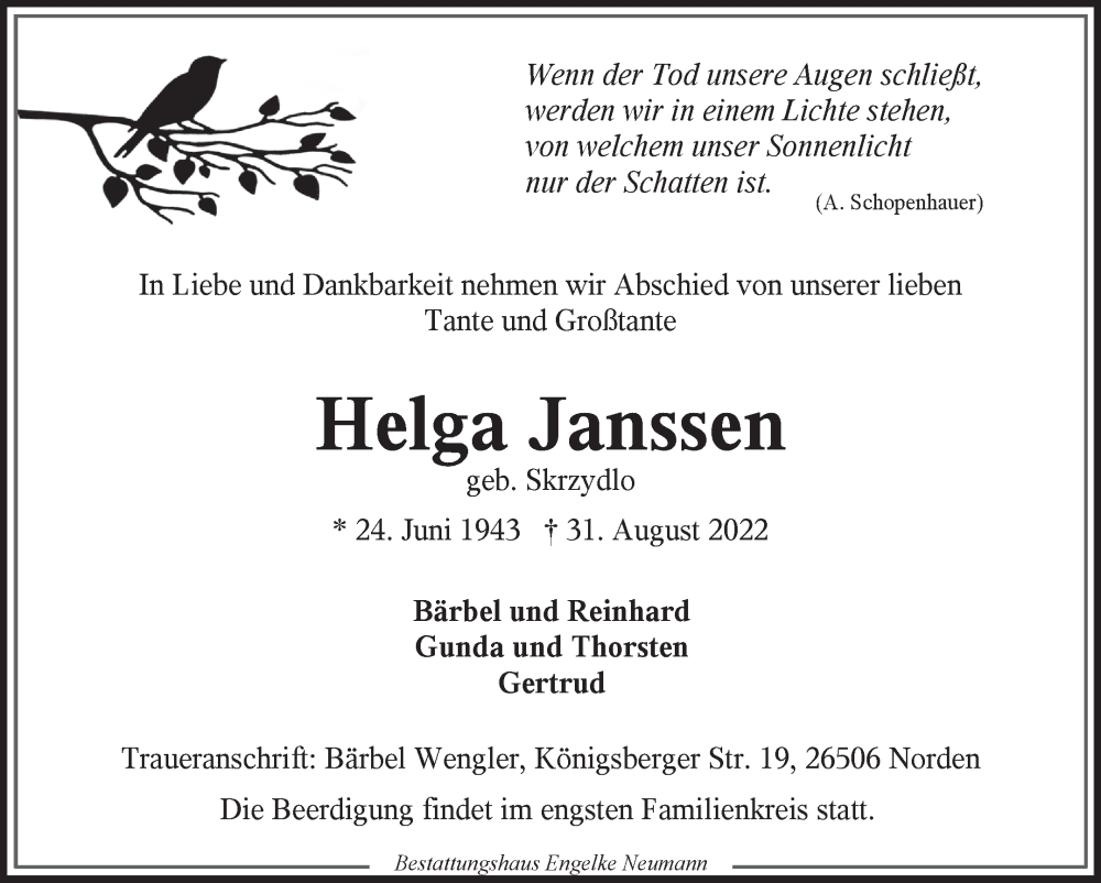  Traueranzeige für Helga Janssen vom 03.09.2022 aus 