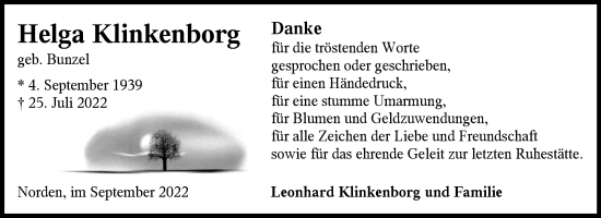 Traueranzeige von Helga Klinkenborg 