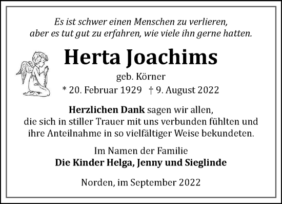 Traueranzeige von Herta Joachims 