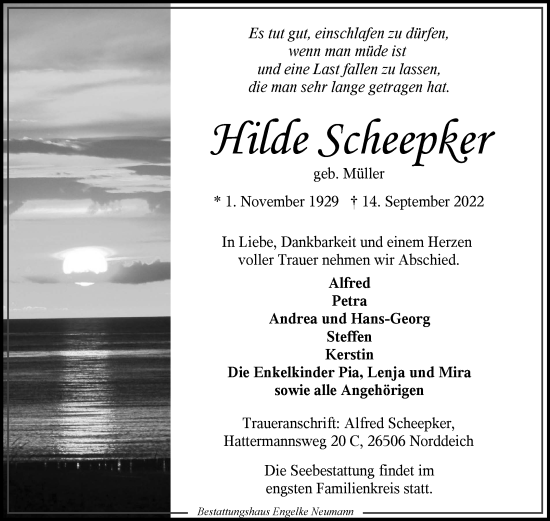 Traueranzeige von Hilde Scheepker 