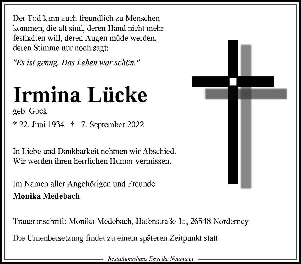  Traueranzeige für Irmina Lücke vom 21.09.2022 aus 