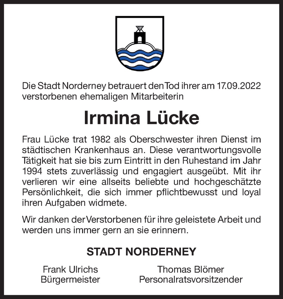  Traueranzeige für Irmina Lücke vom 24.09.2022 aus 