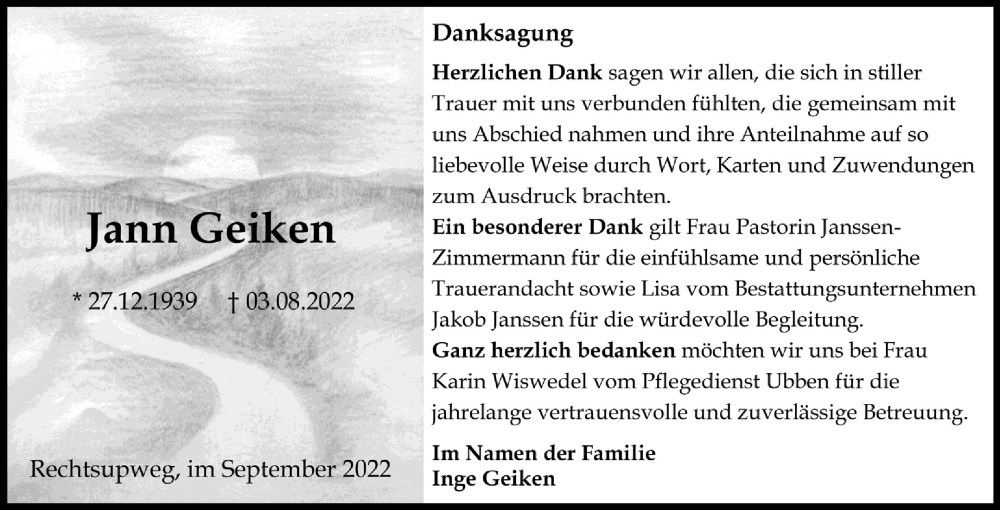  Traueranzeige für Jann Geiken vom 10.09.2022 aus 