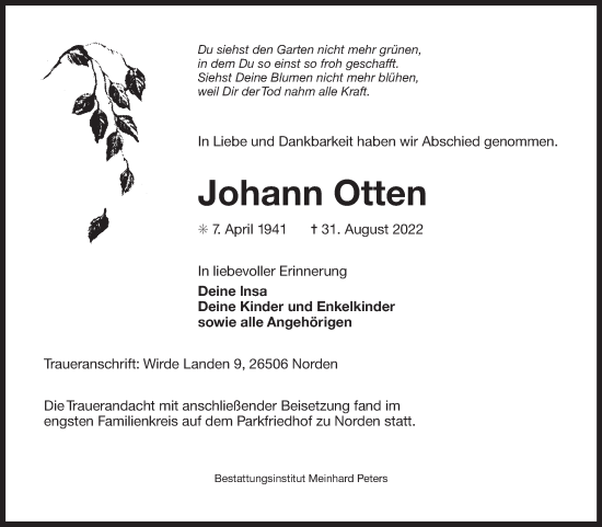 Traueranzeige von Johann Otten 