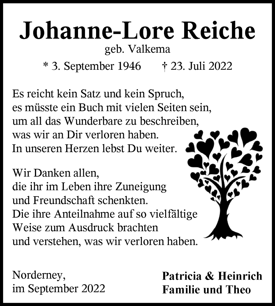  Traueranzeige für Johanne-Lore Reiche vom 03.09.2022 aus 