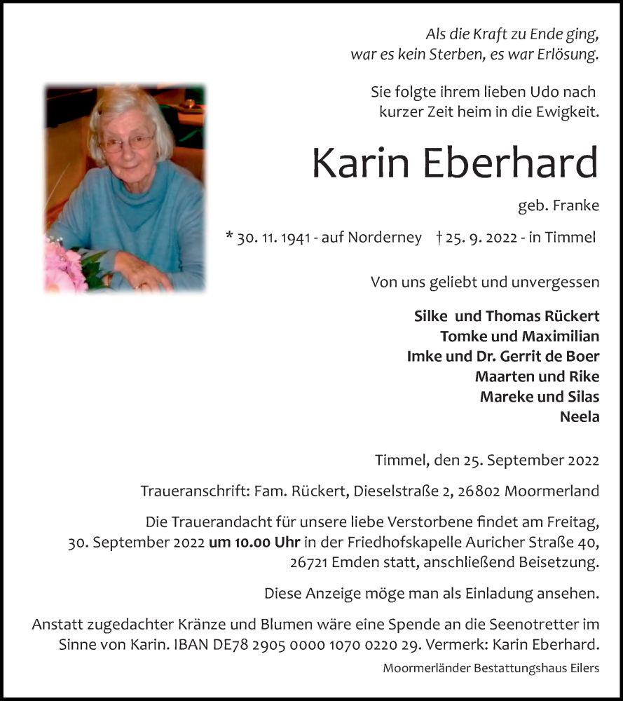  Traueranzeige für Karin Eberhard vom 27.09.2022 aus 