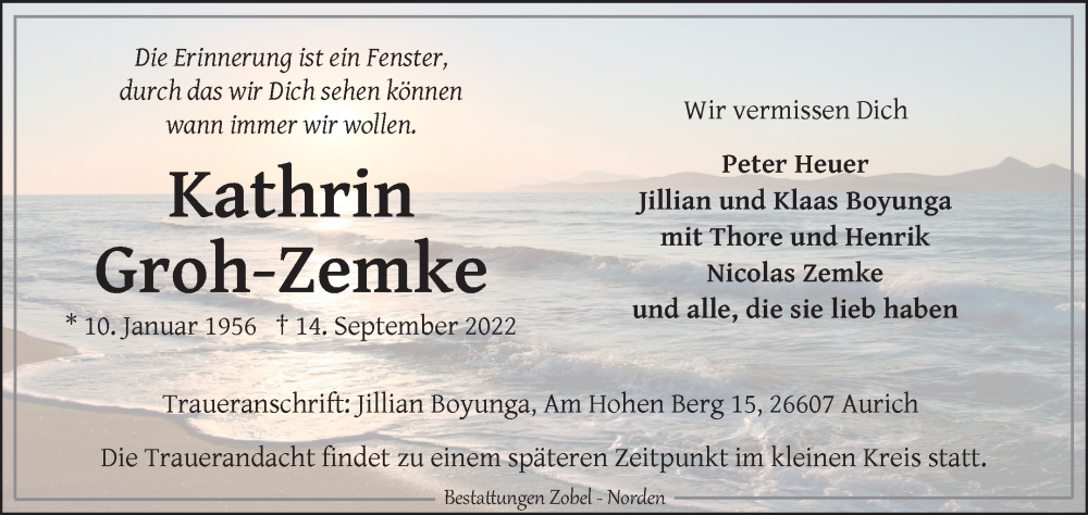  Traueranzeige für Kathrin Groh-Zemke vom 17.09.2022 aus 
