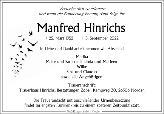 Traueranzeige von Manfred Hinrichs 
