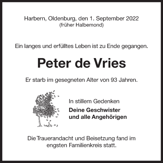 Traueranzeige von Peter de Vries 