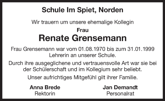 Traueranzeige von Renate Grensemann 