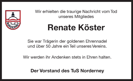 Traueranzeige von Renate Köster 