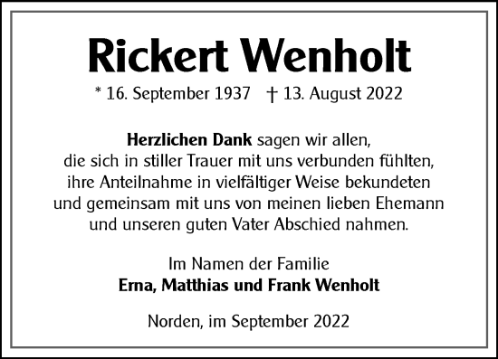 Traueranzeige von Rickert Wenholt 