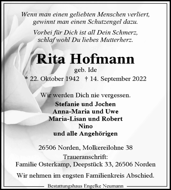 Traueranzeige von Rita Hofmann 