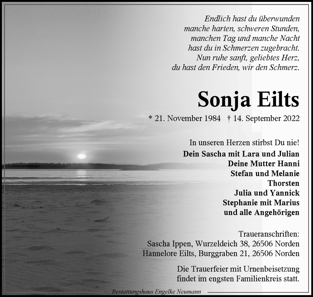  Traueranzeige für Sonja Eilts vom 17.09.2022 aus 