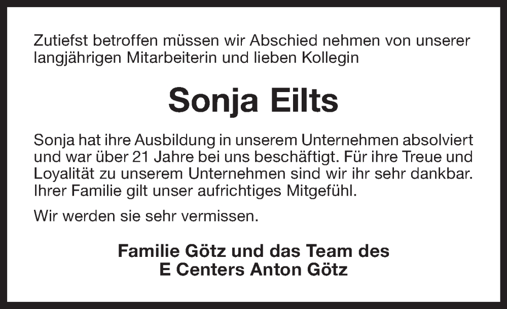  Traueranzeige für Sonja Eilts vom 20.09.2022 aus 