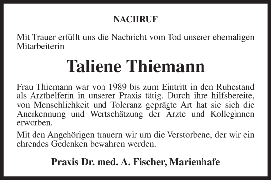 Traueranzeige von Taliene Thiemann 