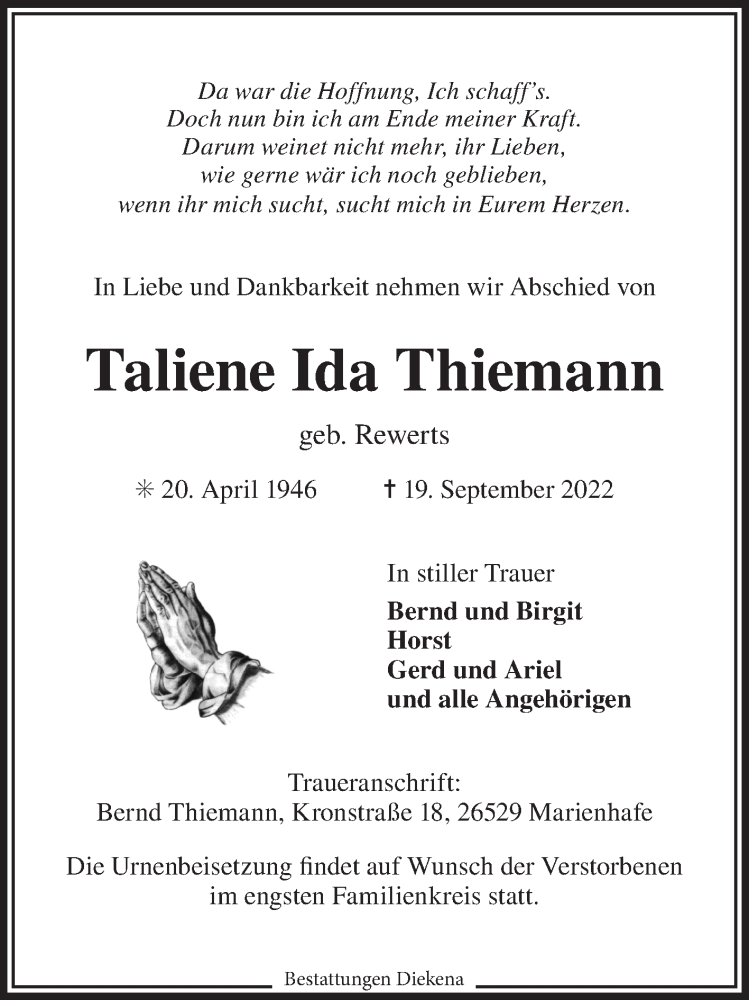  Traueranzeige für Taliene Ida Thiemann vom 22.09.2022 aus 