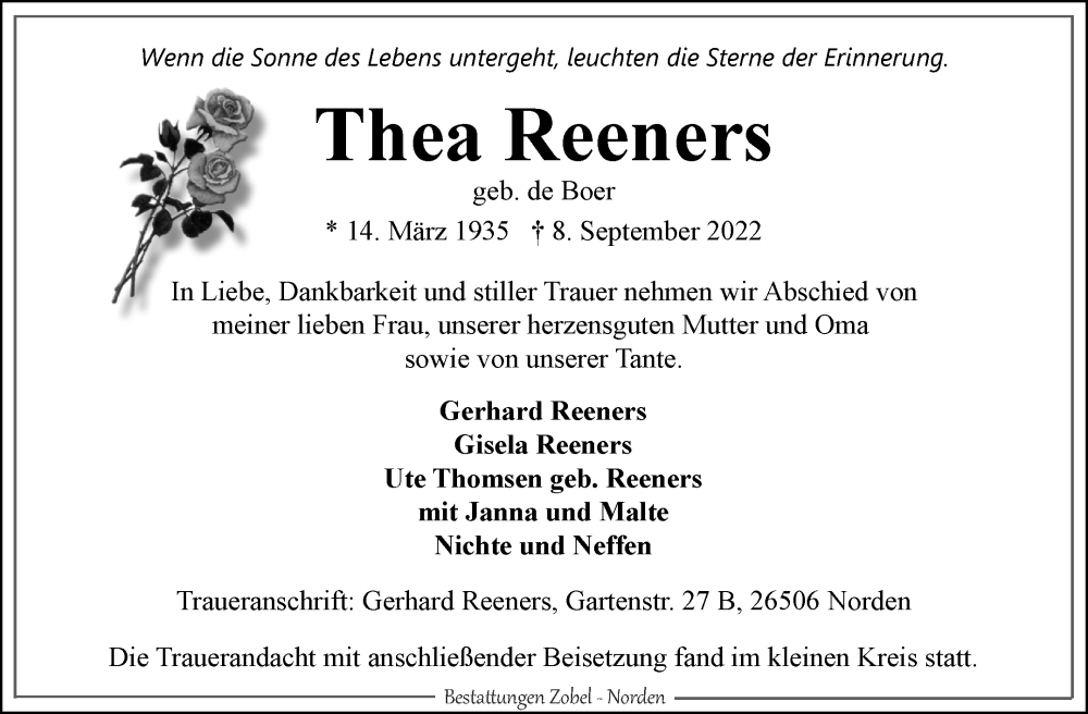  Traueranzeige für Thea Reeners vom 17.09.2022 aus 