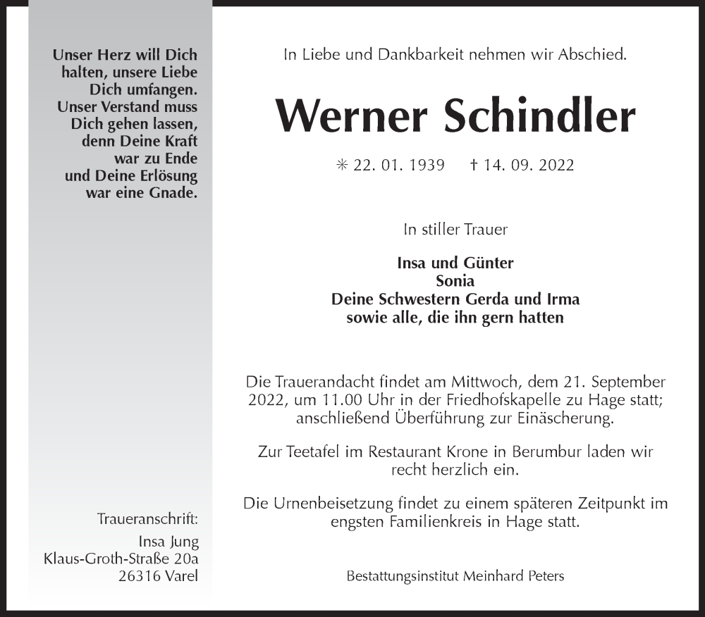  Traueranzeige für Werner Schindler vom 17.09.2022 aus 
