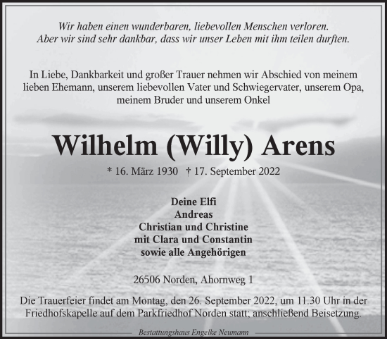 Traueranzeige von Wilhelm Arens 