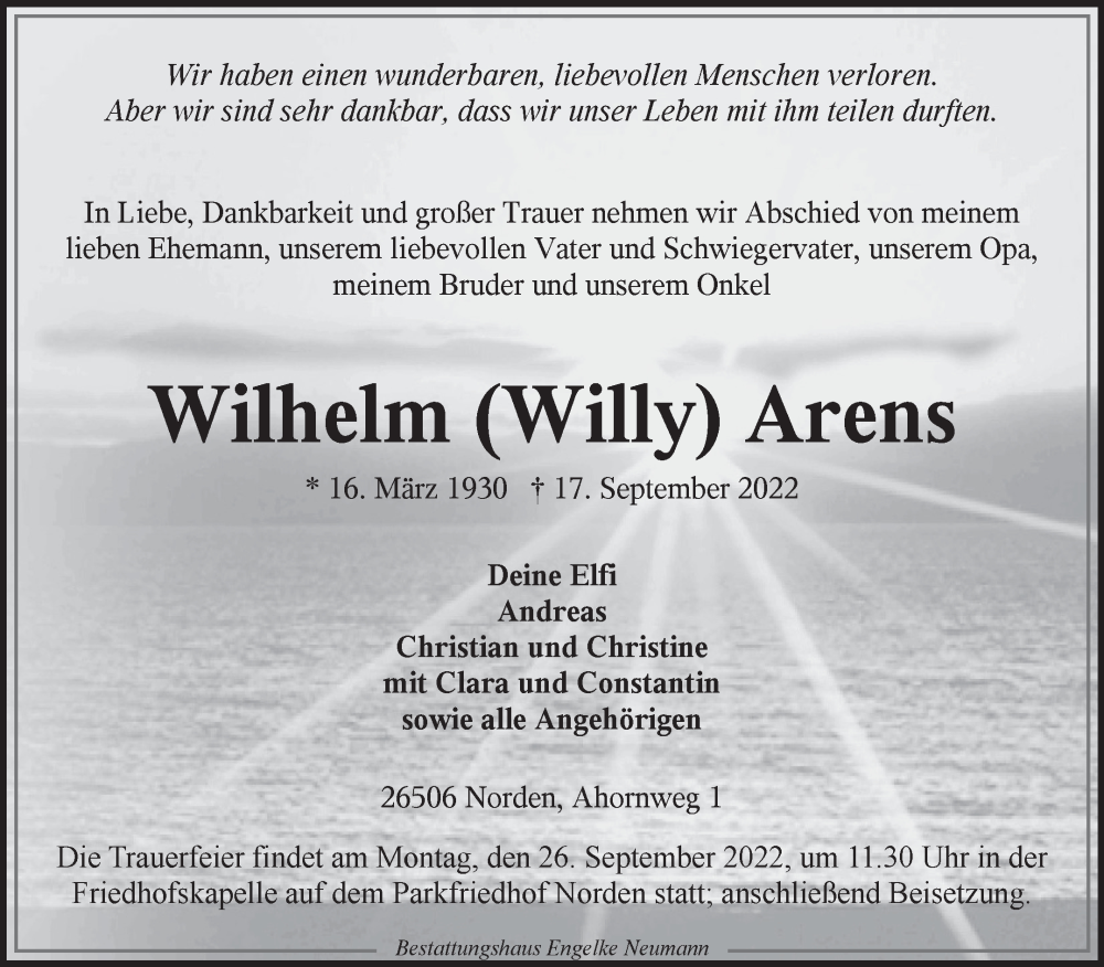  Traueranzeige für Wilhelm Arens vom 21.09.2022 aus 