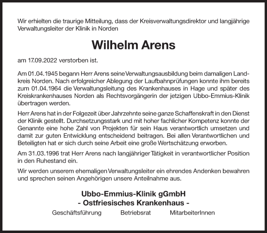 Traueranzeige von Wilhelm Arens 