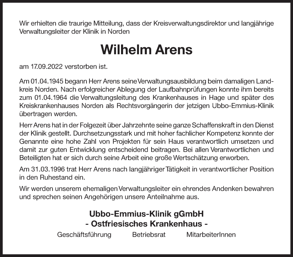  Traueranzeige für Wilhelm Arens vom 23.09.2022 aus 